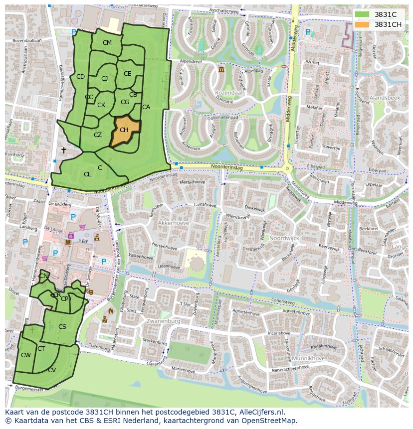 Afbeelding van het postcodegebied 3831 CH op de kaart.