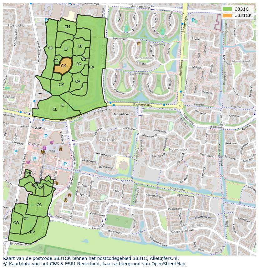 Afbeelding van het postcodegebied 3831 CK op de kaart.