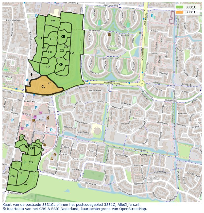 Afbeelding van het postcodegebied 3831 CL op de kaart.