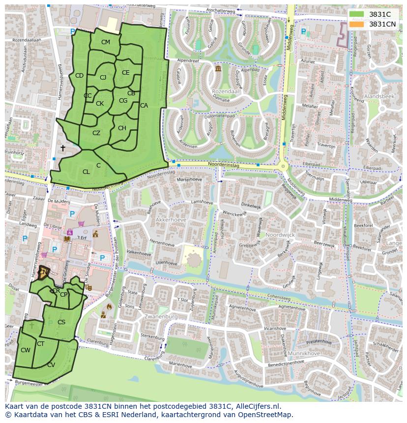Afbeelding van het postcodegebied 3831 CN op de kaart.