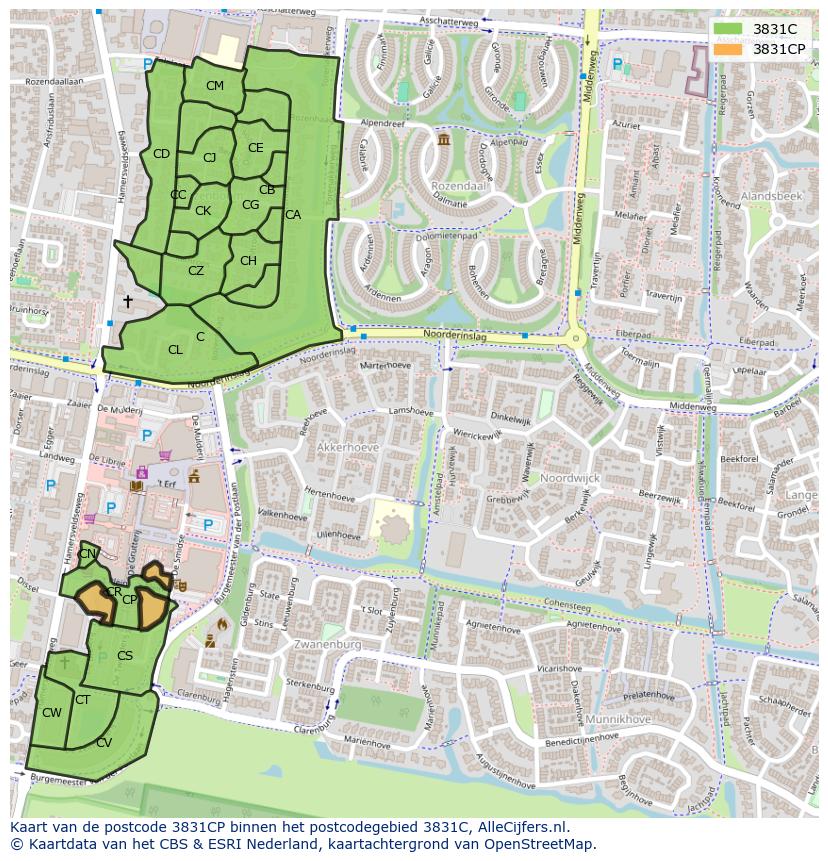 Afbeelding van het postcodegebied 3831 CP op de kaart.