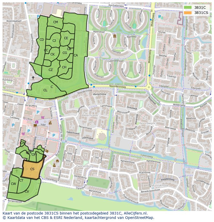 Afbeelding van het postcodegebied 3831 CS op de kaart.