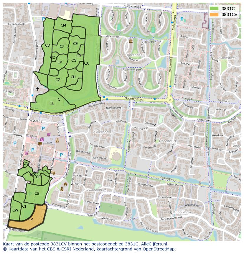 Afbeelding van het postcodegebied 3831 CV op de kaart.