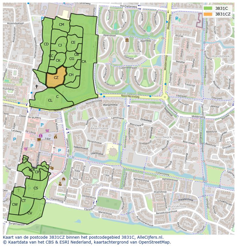 Afbeelding van het postcodegebied 3831 CZ op de kaart.
