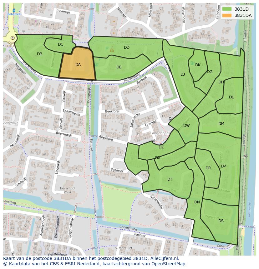Afbeelding van het postcodegebied 3831 DA op de kaart.
