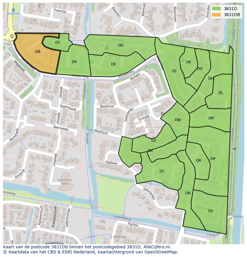 Afbeelding van het postcodegebied 3831 DB op de kaart.