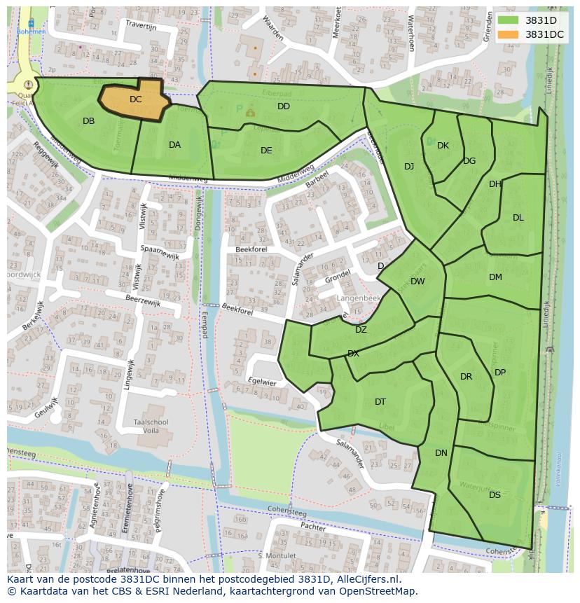 Afbeelding van het postcodegebied 3831 DC op de kaart.