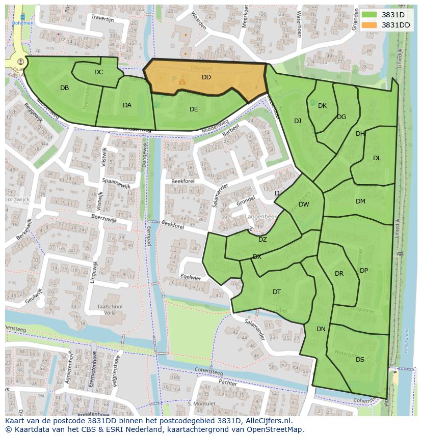 Afbeelding van het postcodegebied 3831 DD op de kaart.