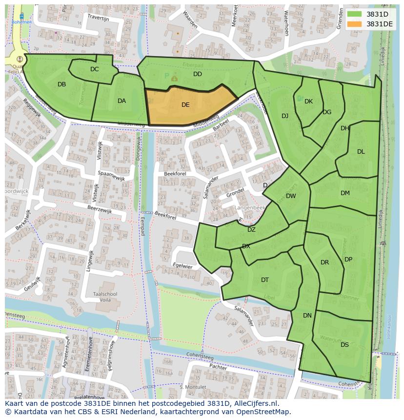 Afbeelding van het postcodegebied 3831 DE op de kaart.