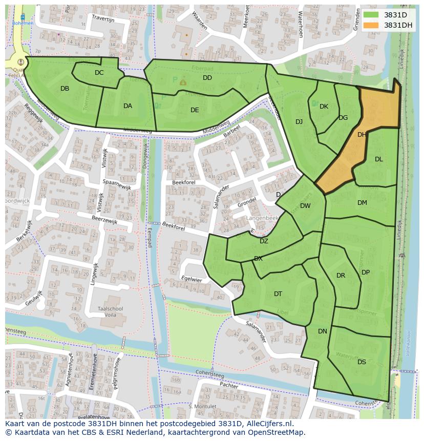 Afbeelding van het postcodegebied 3831 DH op de kaart.