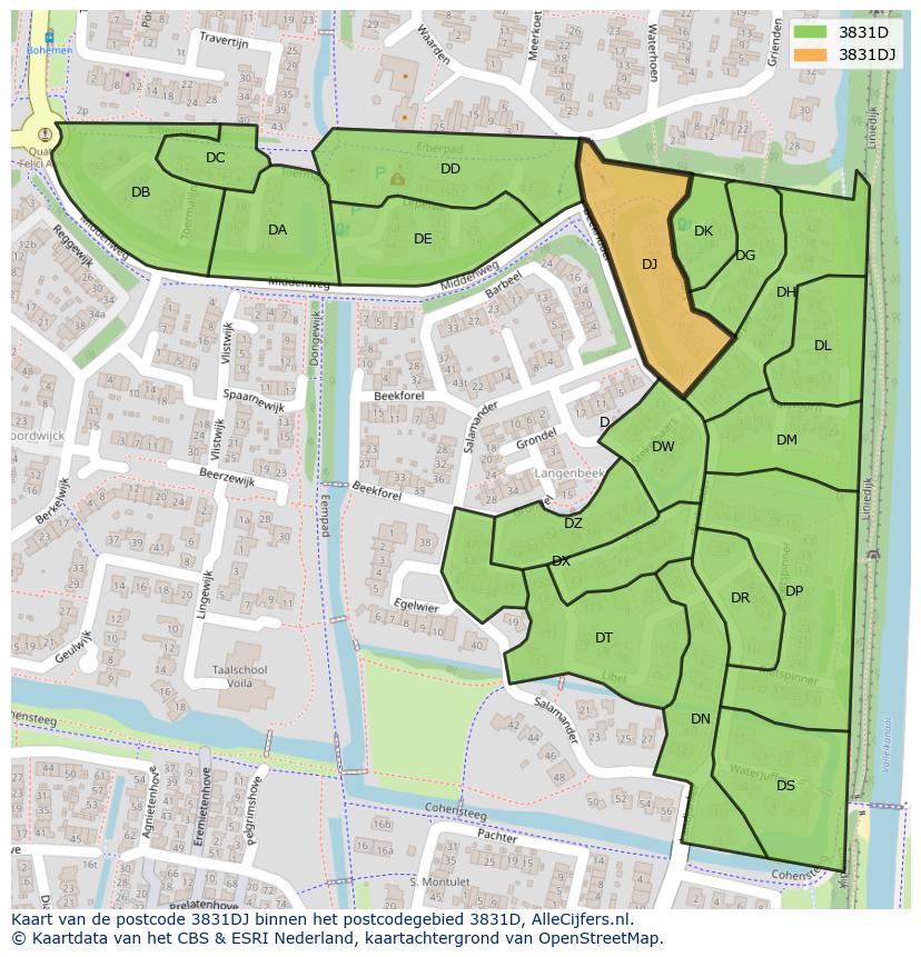 Afbeelding van het postcodegebied 3831 DJ op de kaart.