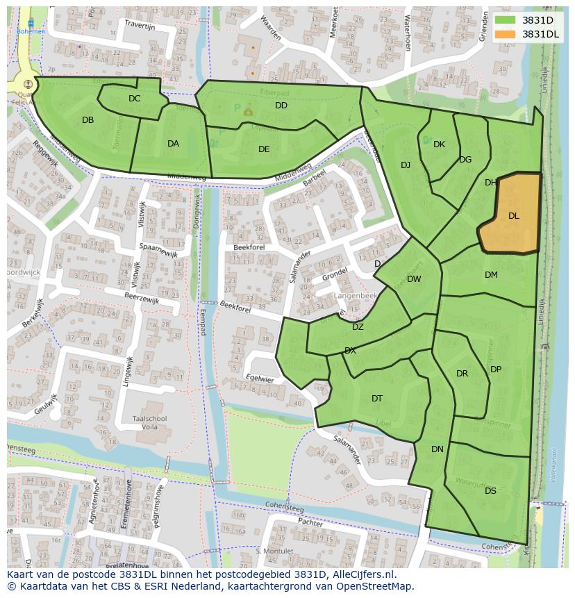 Afbeelding van het postcodegebied 3831 DL op de kaart.