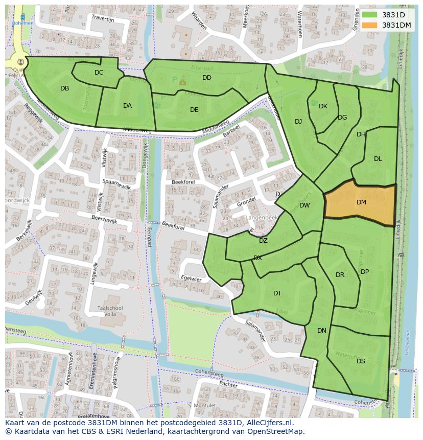 Afbeelding van het postcodegebied 3831 DM op de kaart.