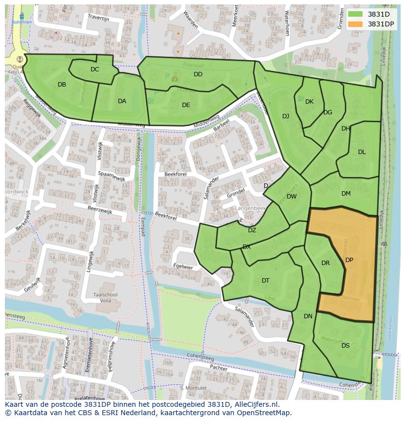 Afbeelding van het postcodegebied 3831 DP op de kaart.