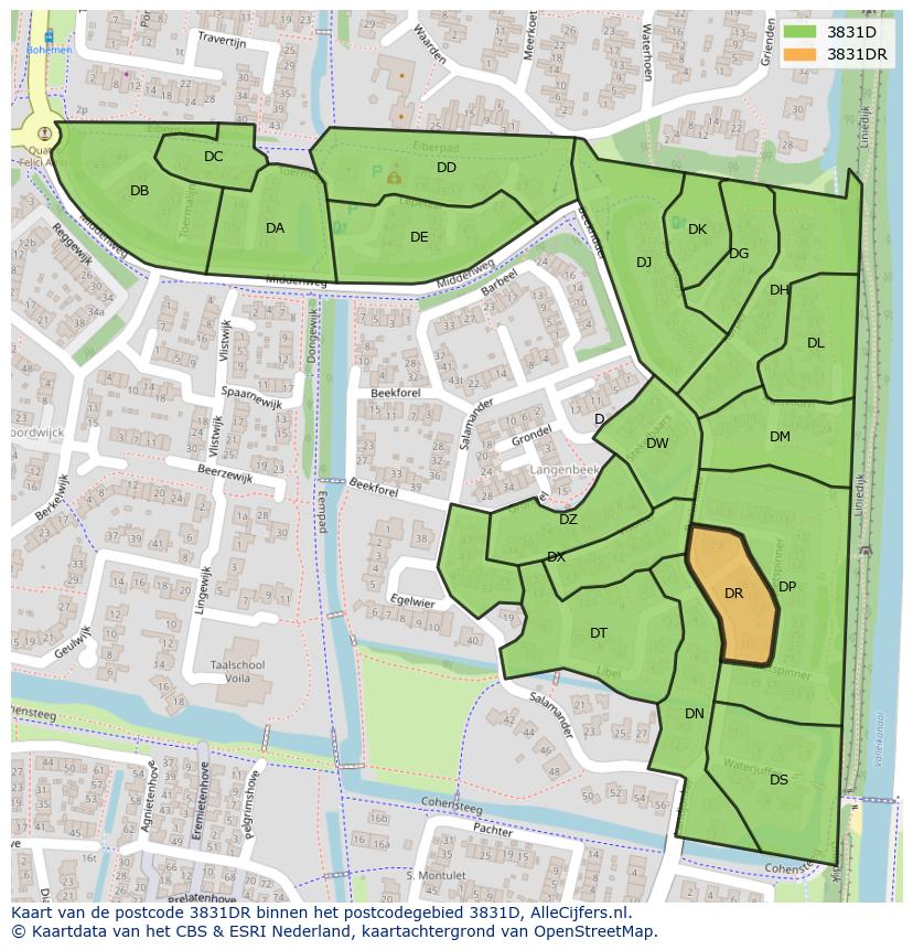 Afbeelding van het postcodegebied 3831 DR op de kaart.