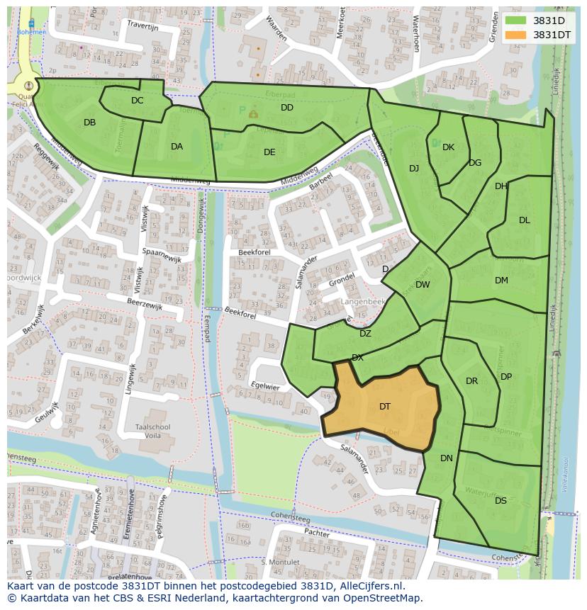 Afbeelding van het postcodegebied 3831 DT op de kaart.