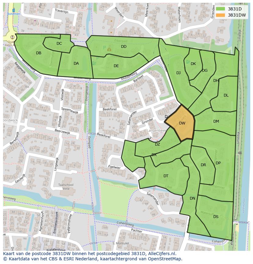 Afbeelding van het postcodegebied 3831 DW op de kaart.