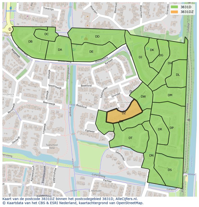 Afbeelding van het postcodegebied 3831 DZ op de kaart.
