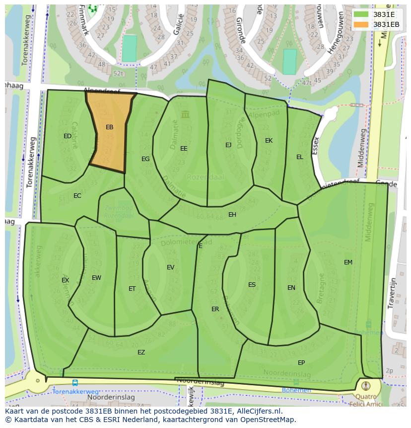 Afbeelding van het postcodegebied 3831 EB op de kaart.