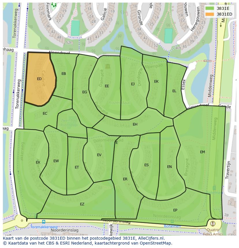 Afbeelding van het postcodegebied 3831 ED op de kaart.