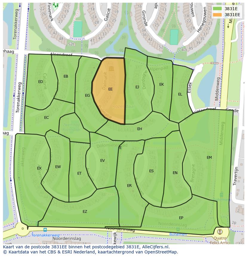 Afbeelding van het postcodegebied 3831 EE op de kaart.