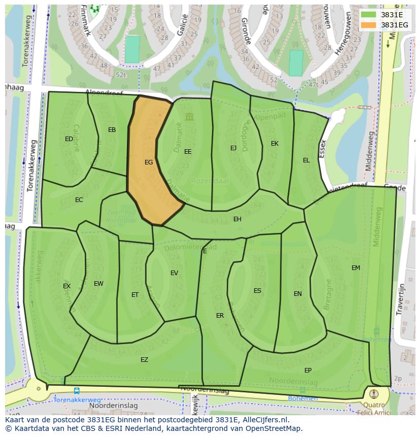 Afbeelding van het postcodegebied 3831 EG op de kaart.