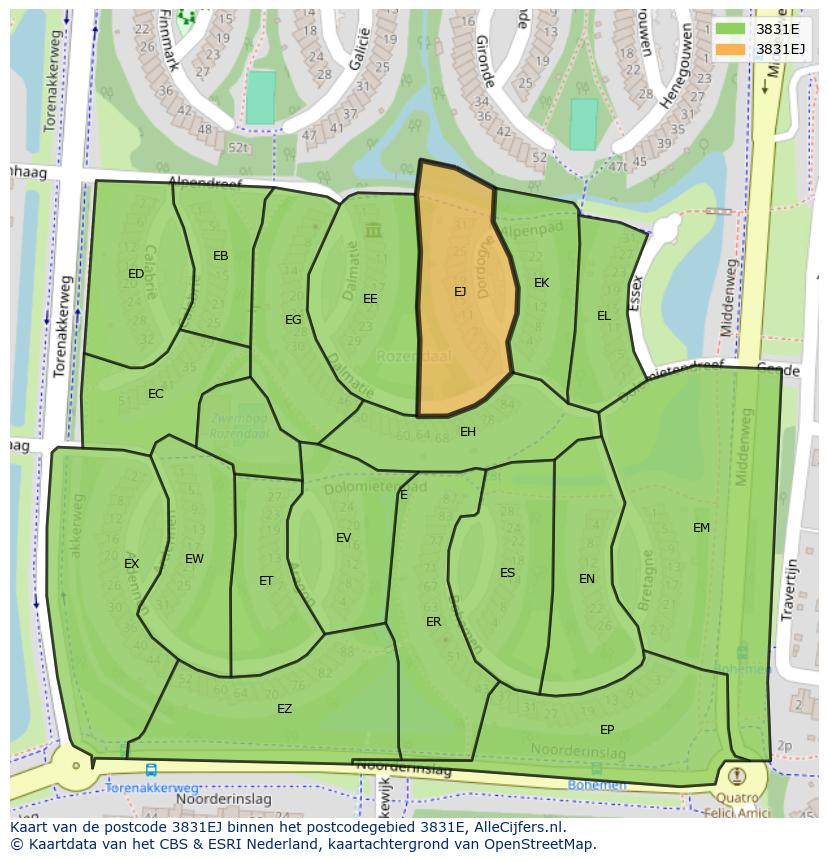 Afbeelding van het postcodegebied 3831 EJ op de kaart.