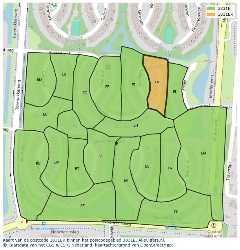 Afbeelding van het postcodegebied 3831 EK op de kaart.