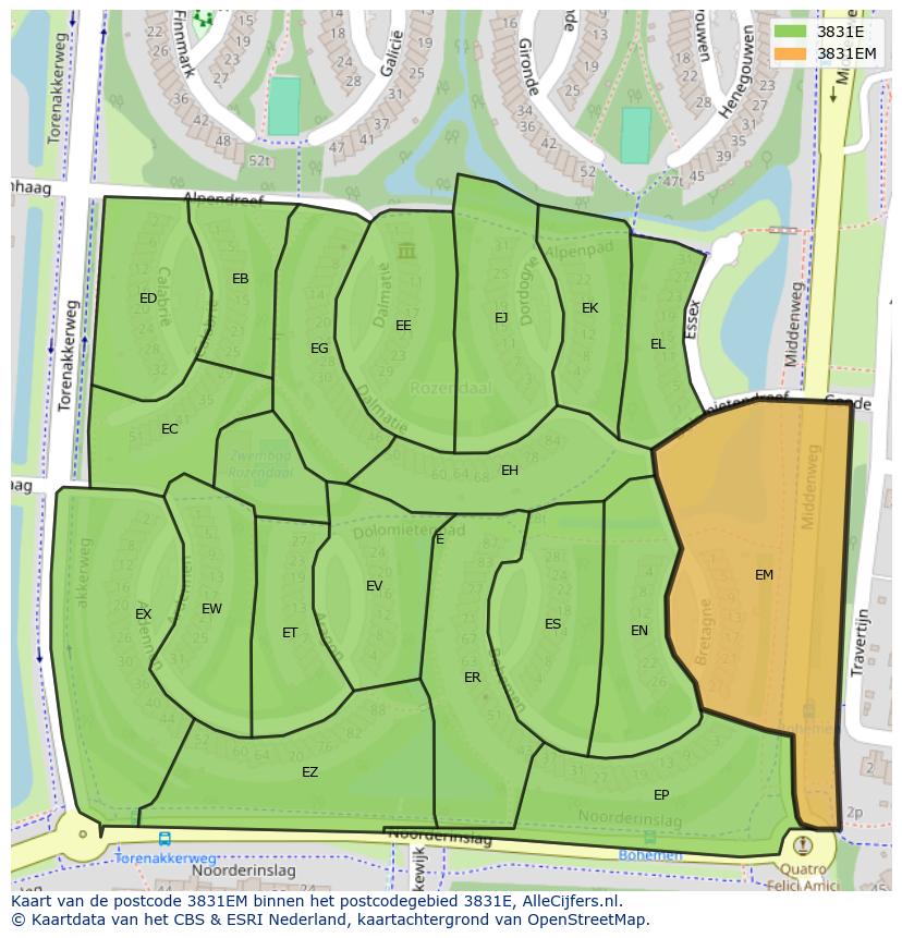 Afbeelding van het postcodegebied 3831 EM op de kaart.