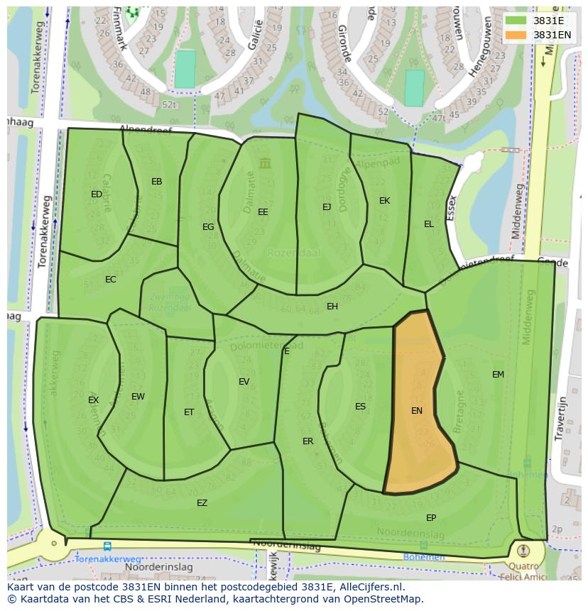 Afbeelding van het postcodegebied 3831 EN op de kaart.