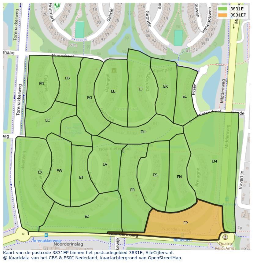 Afbeelding van het postcodegebied 3831 EP op de kaart.
