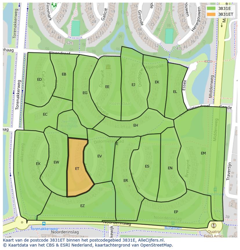 Afbeelding van het postcodegebied 3831 ET op de kaart.