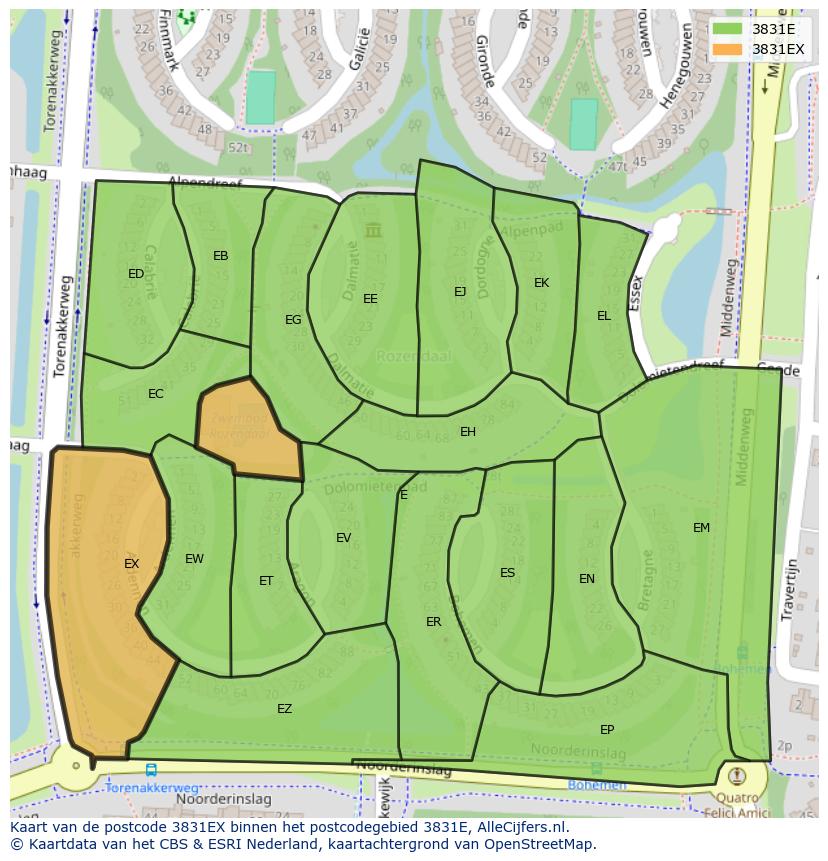 Afbeelding van het postcodegebied 3831 EX op de kaart.