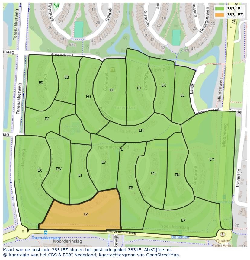 Afbeelding van het postcodegebied 3831 EZ op de kaart.