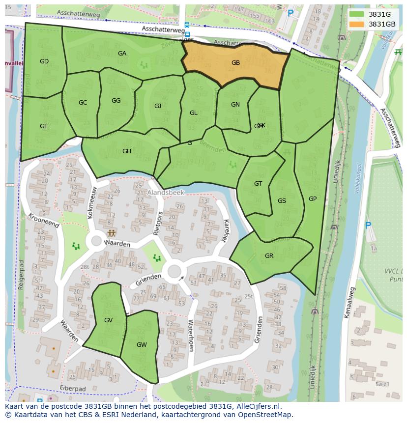 Afbeelding van het postcodegebied 3831 GB op de kaart.