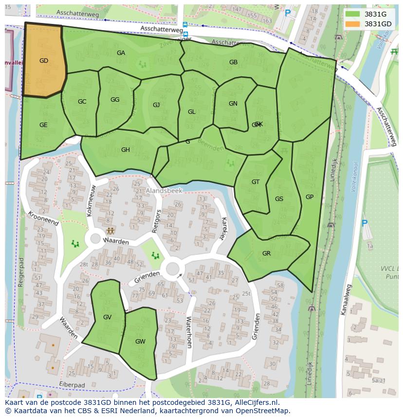 Afbeelding van het postcodegebied 3831 GD op de kaart.