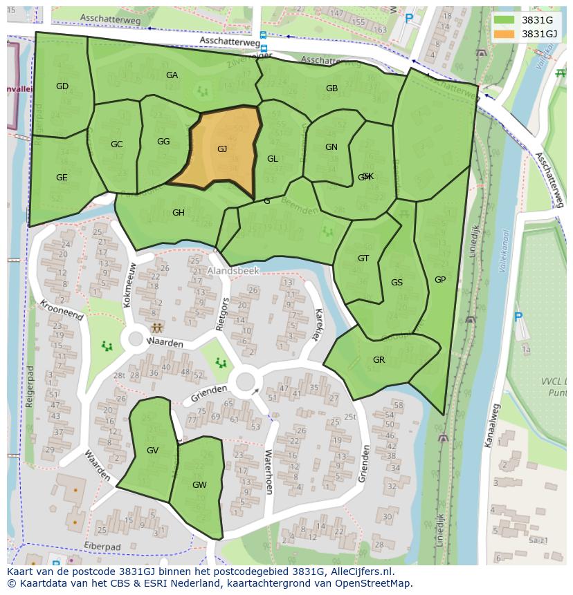 Afbeelding van het postcodegebied 3831 GJ op de kaart.