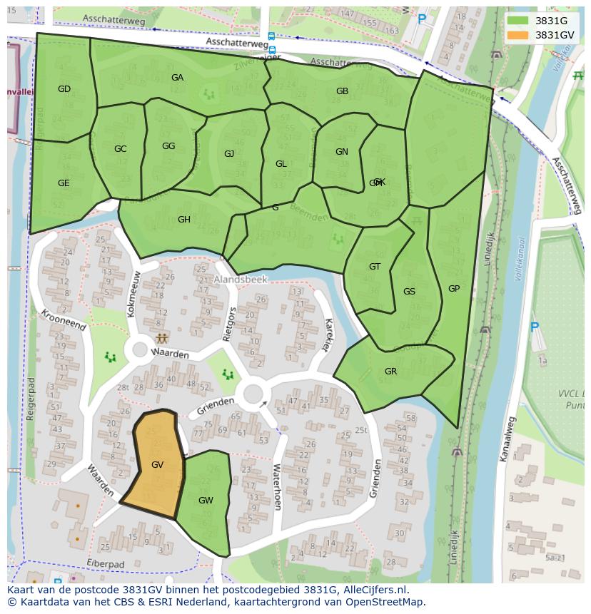 Afbeelding van het postcodegebied 3831 GV op de kaart.