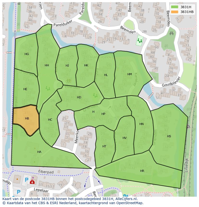 Afbeelding van het postcodegebied 3831 HB op de kaart.