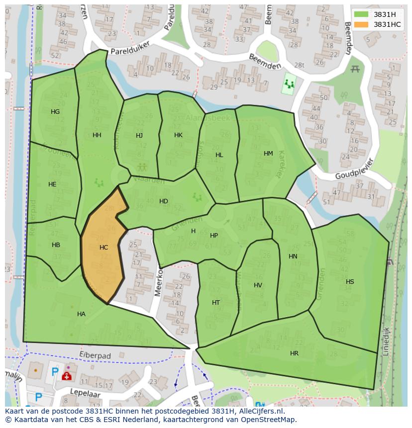 Afbeelding van het postcodegebied 3831 HC op de kaart.