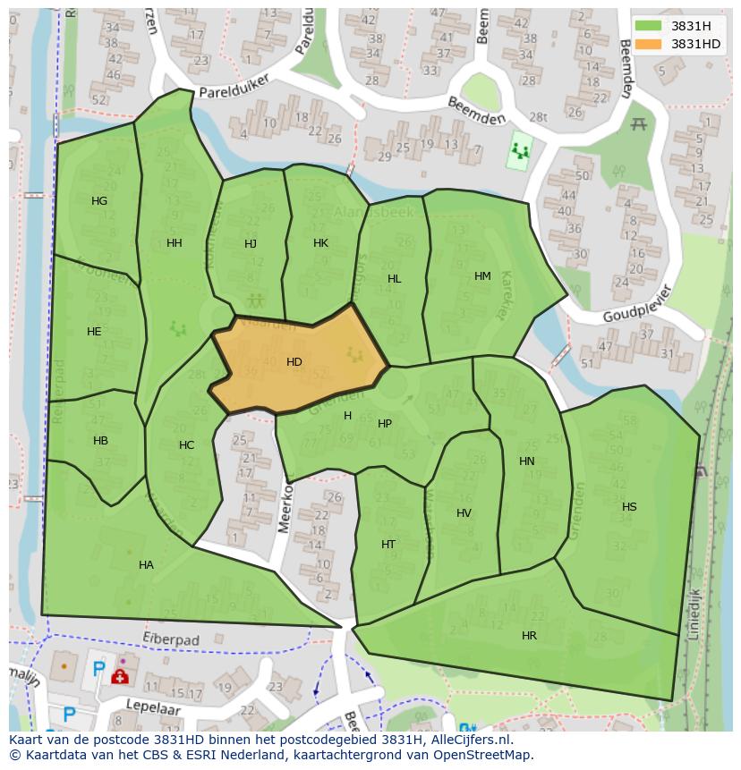 Afbeelding van het postcodegebied 3831 HD op de kaart.