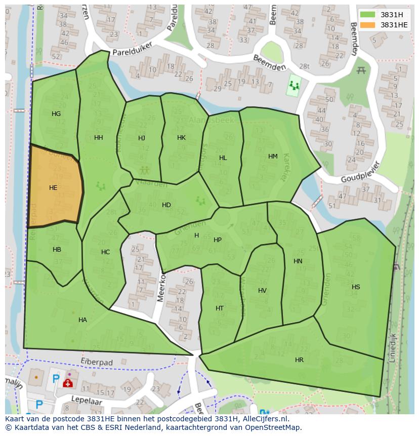 Afbeelding van het postcodegebied 3831 HE op de kaart.