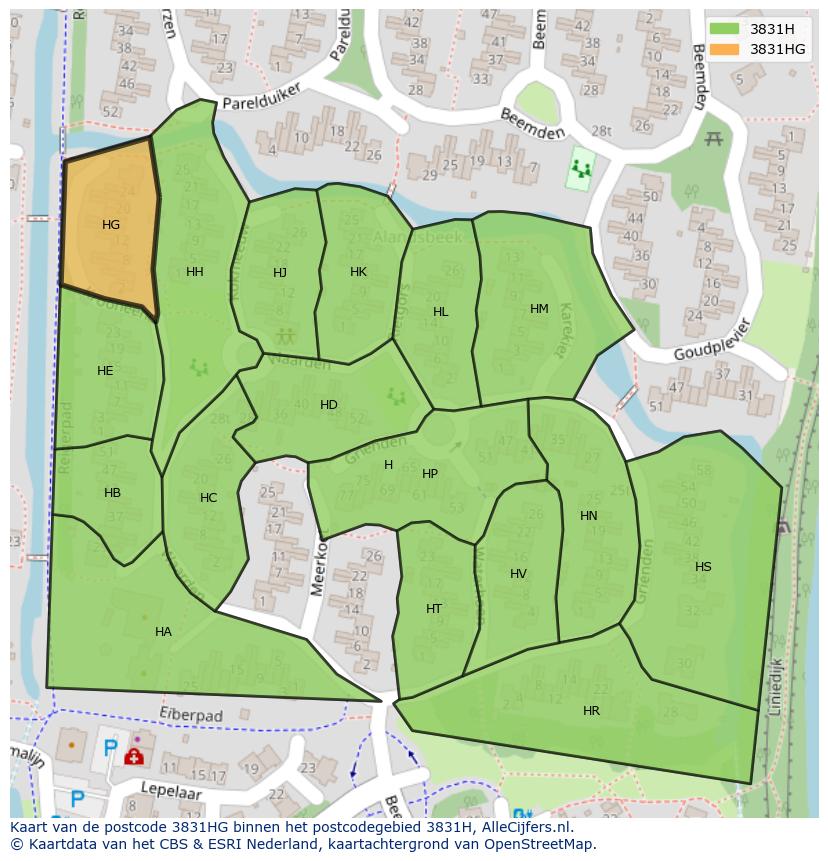 Afbeelding van het postcodegebied 3831 HG op de kaart.