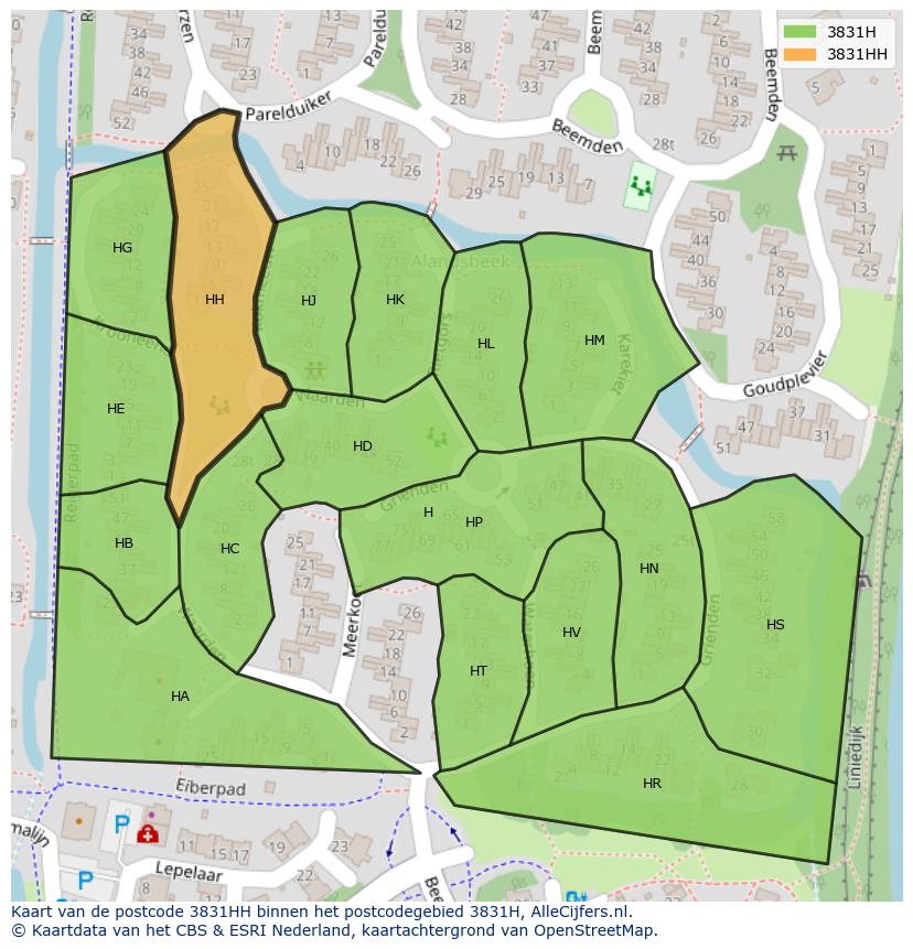 Afbeelding van het postcodegebied 3831 HH op de kaart.