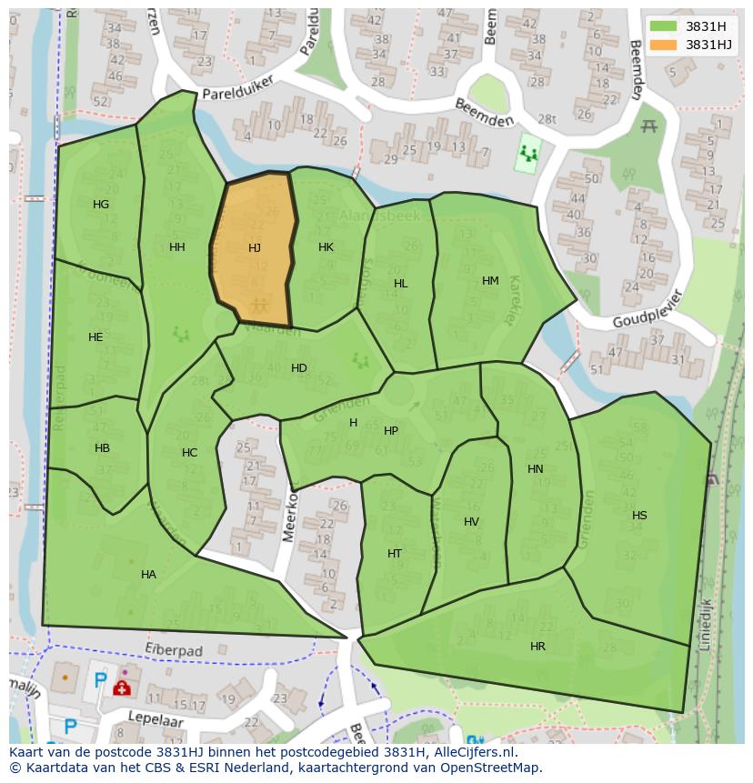 Afbeelding van het postcodegebied 3831 HJ op de kaart.