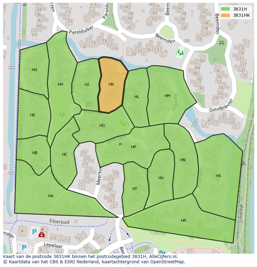 Afbeelding van het postcodegebied 3831 HK op de kaart.