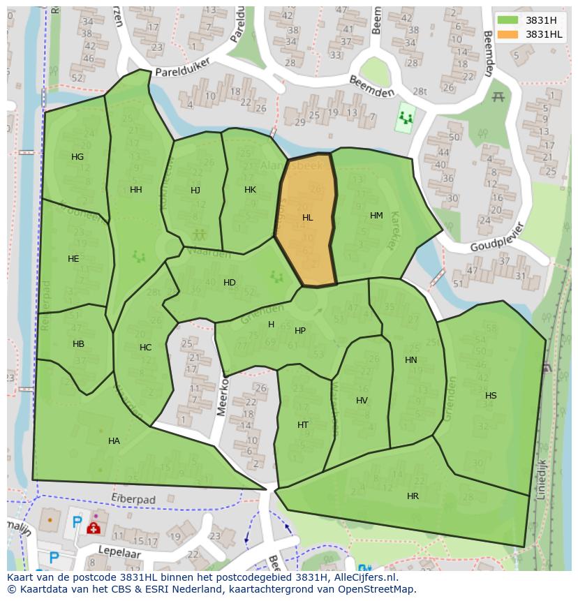 Afbeelding van het postcodegebied 3831 HL op de kaart.