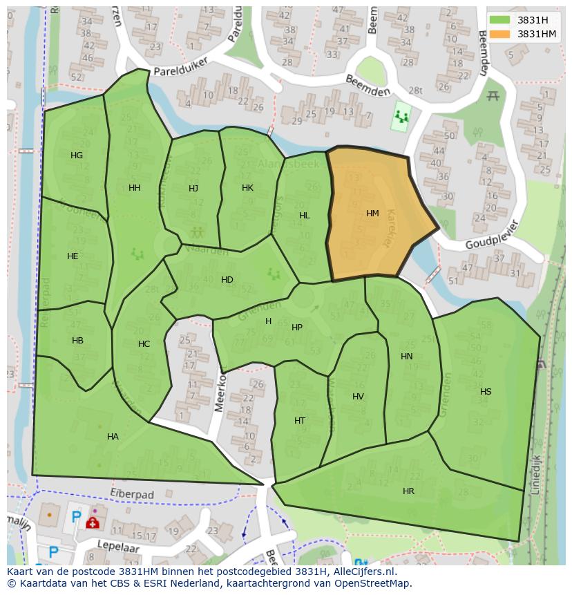 Afbeelding van het postcodegebied 3831 HM op de kaart.