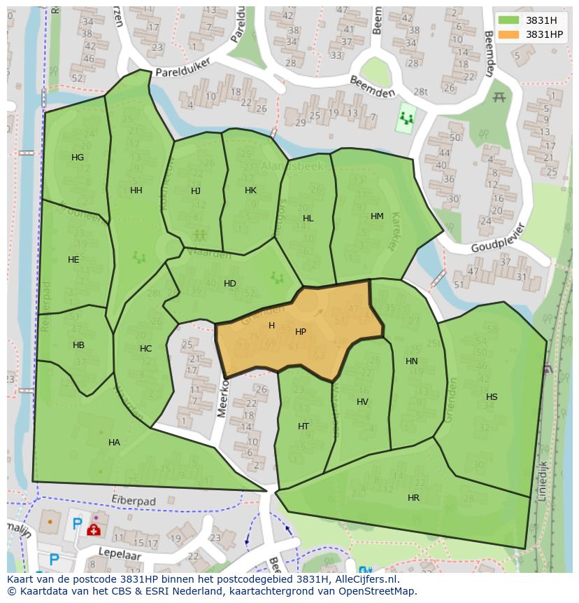Afbeelding van het postcodegebied 3831 HP op de kaart.