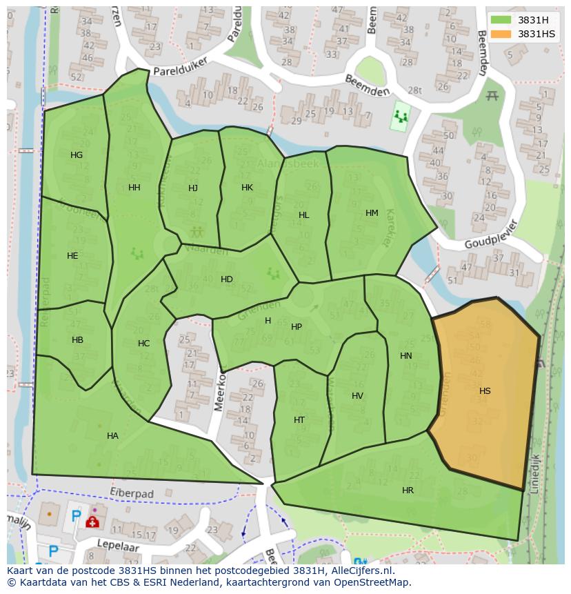 Afbeelding van het postcodegebied 3831 HS op de kaart.